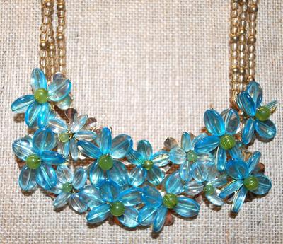 "Coldwater Creek" Blue Flowered Acrylic Cluster Necklace 16" L