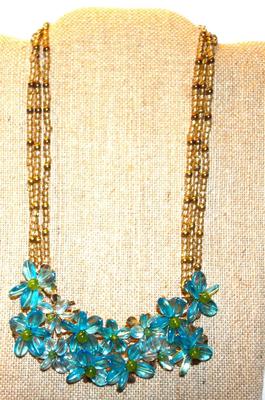 "Coldwater Creek" Blue Flowered Acrylic Cluster Necklace 16" L