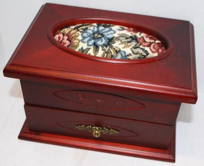 Cherry Finish Jewelry Box with Upholstered Top, Mirror & Drawer 8" x 5" x 5"