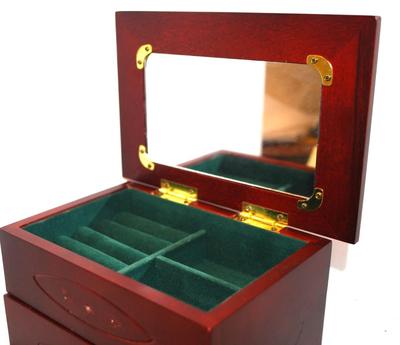 Cherry Finish Jewelry Box with Upholstered Top, Mirror & Drawer 8" x 5" x 5"
