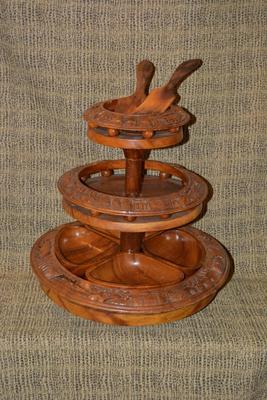 Vintage Monkey Pod 3 Tiered Lazy Susan Condiment Stand 17"x16"