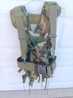 Tactical load bearing Military vest with accessories - 1961 Canvas combat field pack.