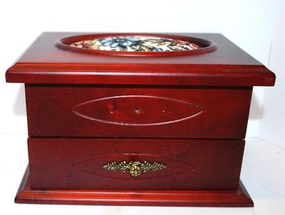 Cherry Finish Jewelry Box with Upholstered Top, Mirror & Drawer 8