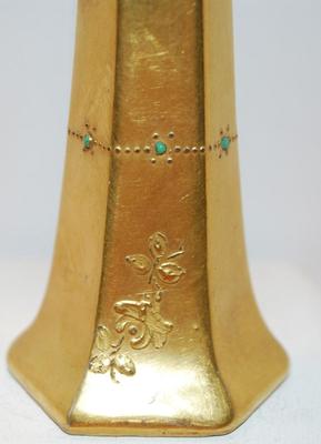 Vintage Gently Embossed Hatpin Holder (5" H) with Jade-Like Accent Stones and 8 Hat Pins 2"-9 " L