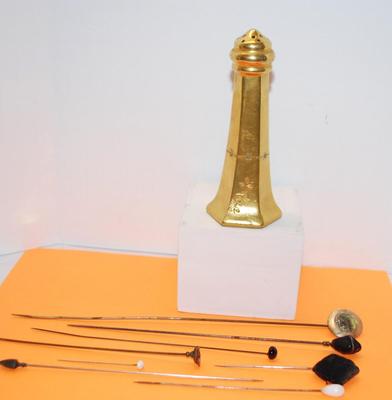 Vintage Gently Embossed Hatpin Holder (5" H) with Jade-Like Accent Stones and 8 Hat Pins 2"-9 " L