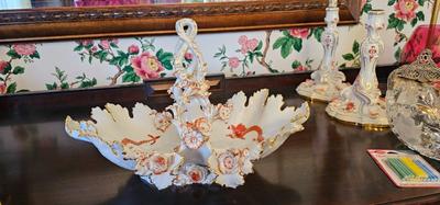 Fruit bowl (or basket) with 2 matching candle sticks Meissen Rococo hand-painted with gilt