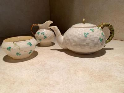Belleek tea pot with creamer and sugar bowl