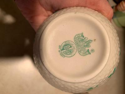 Belleek tea pot with creamer and sugar bowl