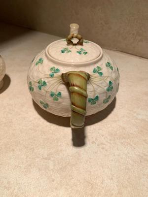Belleek tea pot with creamer and sugar bowl