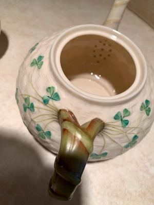 Belleek tea pot with creamer and sugar bowl