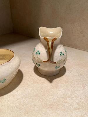 Vintage BELLEEK Open Sugar Bowl & Creamer Set Shamrock Basket Weave