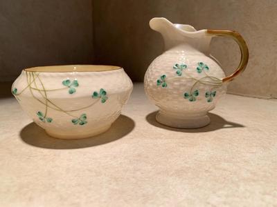 Vintage BELLEEK Open Sugar Bowl & Creamer Set Shamrock Basket Weave