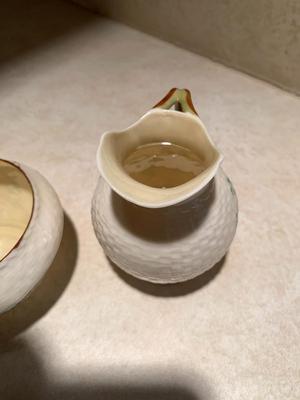 Vintage BELLEEK Open Sugar Bowl & Creamer Set Shamrock Basket Weave