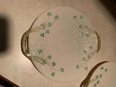2 Belleek Plates, Irish Shamrock Basketweave Design 11 inch Handled Cake Plate / Bread Plates