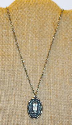 White Beaded Oval PENDANT Owl (1 Â½" x 1") Necklace 26" L