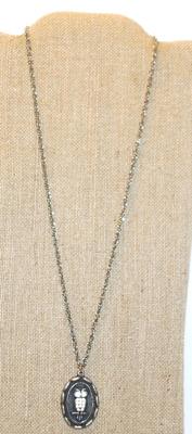 White Beaded Oval PENDANT Owl (1 Â½" x 1") Necklace 26" L