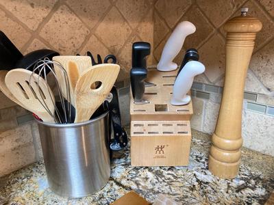 LOT 83: Longaberger Basket, Cutting Boards, Mueller Stick Hand Blender, Food Processor, Utensils and More