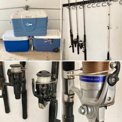 LOT 103: Fishing Rods / Reels and Storage Coolers - Tiger, Samurai, Coleman, Igloo and More