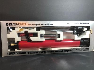 LOT 59C: Tasco 150x50mm Telescope w/ Metal Tripod in Box