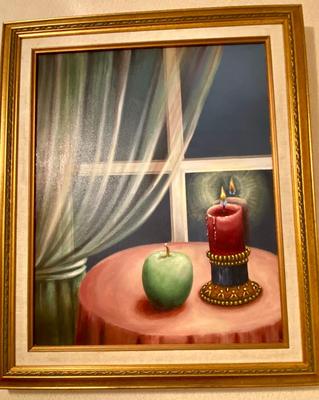 Framed Oil on Canvas Window Still-life, Signed