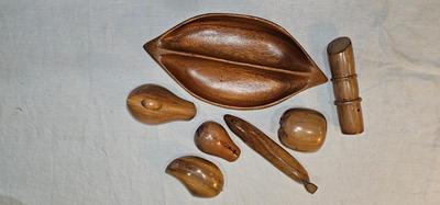 Vintage Hand-carved Wood Fruits and bowl MCM