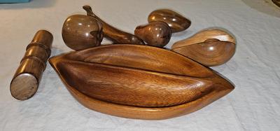 Vintage Hand-carved Wood Fruits and bowl MCM