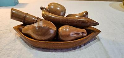 Vintage Hand-carved Wood Fruits and bowl MCM