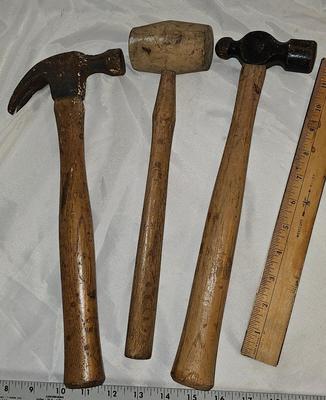 3 vintage hammers with wood handles