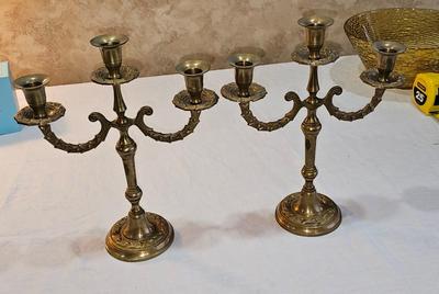 Pair of 2 Antique Brass Candlesticks with 3 arms each