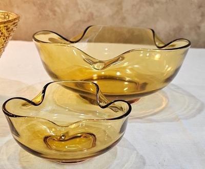 3 vintage Amber Honey Glass Bowls MCM Anchor Hocking