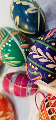 9 Pysanky Eggs, some are wooden, Ukrainian Easter eggs painted