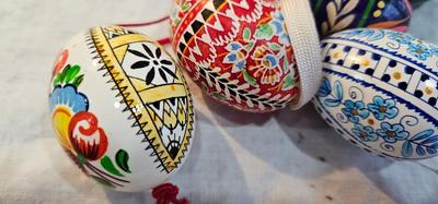 9 Pysanky Eggs, some are wooden, Ukrainian Easter eggs painted