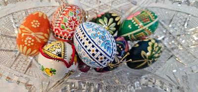9 Pysanky Eggs, some are wooden, Ukrainian Easter eggs painted