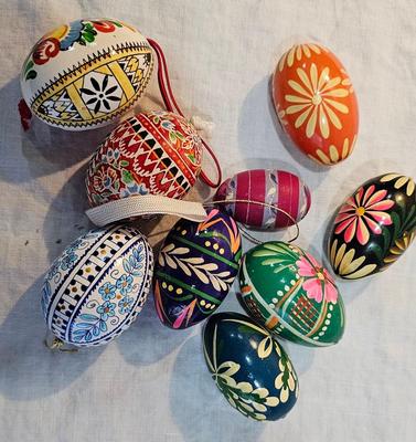 9 Pysanky Eggs, some are wooden, Ukrainian Easter eggs painted