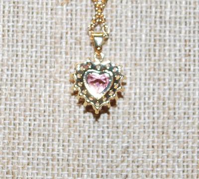Pink Heart Shaped Stone PENDANT (Â¾" xÂ½") in a Heart Shaped Setting of Clear Surround Stones Necklace 18" L