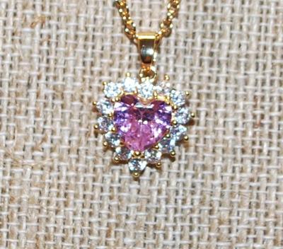 Pink Heart Shaped Stone PENDANT (Â¾" xÂ½") in a Heart Shaped Setting of Clear Surround Stones Necklace 18" L