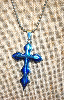 Silver on Blue Cross PENDANT (3 " x 1 Â¼") on a Silver Necklace 23" L