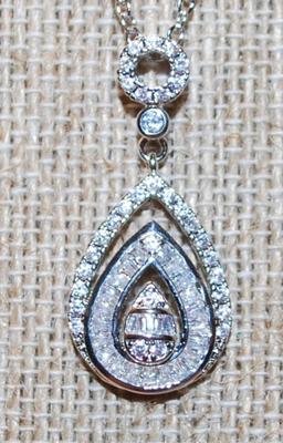 Triple Teardrop Diamond Style PENDANT (1 Â½" x Â½") on a Silver Tone Necklace 17" L