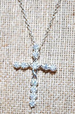 All Diamond-Style Cross PENDANT (1 Â¼" x 1") on a Silver Tone Necklace 18" L