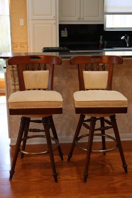 Two Wood Chairmaster Barstools (2)
