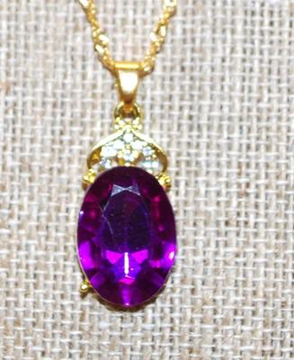 Large Oval Purple Stone with a Top Crown Accent with Clear Stones PENDANT (1 Â¼" x Â½") with Gold Chain Necklace 18" L