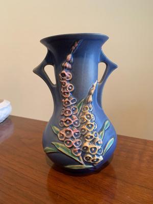Vintage Roseville #43-6 vase Foxglove Blue, Double handled vase
