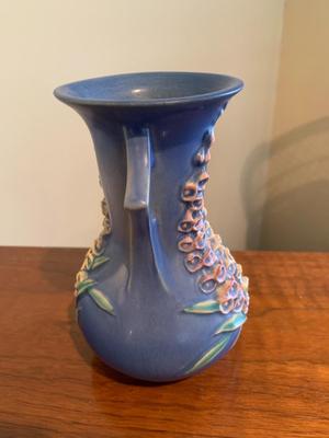 Vintage Roseville #43-6 vase Foxglove Blue, Double handled vase