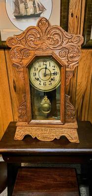 Antique Oak Clock Mantle or Wall New Haven Gingerbread Clock