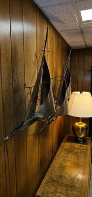 1970's Curtis Jere Sailboat Sculpture Large Vintage Brass wall Hanging of Ships MCM signed! 1977