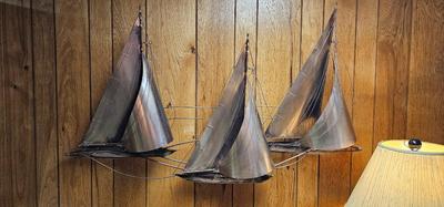 1970's Curtis Jere Sailboat Sculpture Large Vintage Brass wall Hanging of Ships MCM signed! 1977