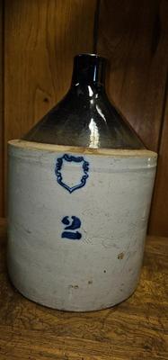 2 gallon Old jug Whiskey Stoneware, tan and brown