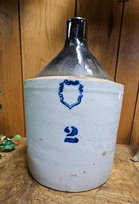 2 gallon Old jug Whiskey Stoneware, tan and brown