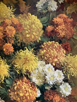 Large Mums, Oak Leaves flower textured print in beveled wood frame