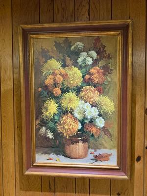 Large Mums, Oak Leaves flower textured print in beveled wood frame